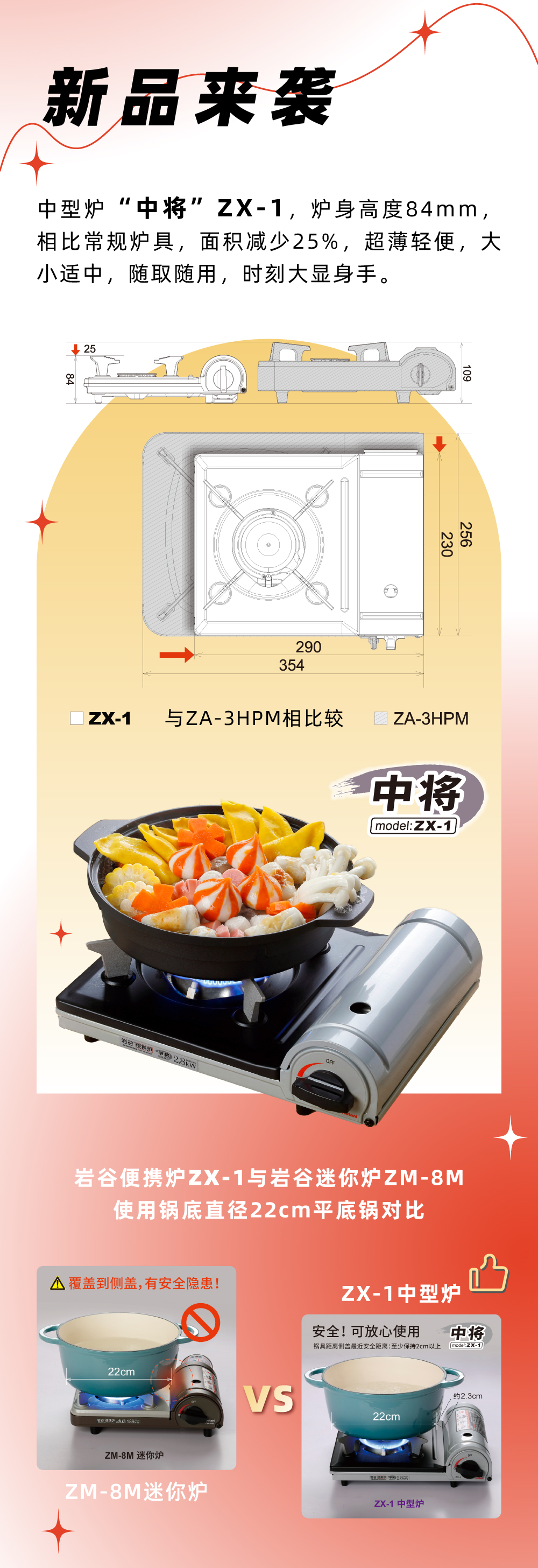 巖谷便攜爐ZX-1，爐身高度84mm，相比常規(guī)爐具，面積減少25%，
超薄輕便，大小適中，隨取隨用，時刻大顯身手。